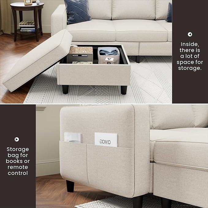 Sectional Sofa and Couches for Living Room - 78''L Shaped Beige Linen Couch-Pet Friendly Modular 3-Seater Convertible Sofas-Washable Covers-Suitable for The Living Room, Apartment or Bedroom