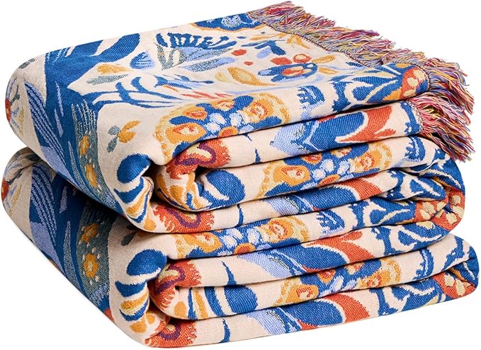 LUTBM Boho Throw Blanket for Couch Sofa Chair Cotton Spring Blankets for Bedroom Living Room All Season Soft Lightweight Reversible Floral Bird Embroidery Throws 50"x60"