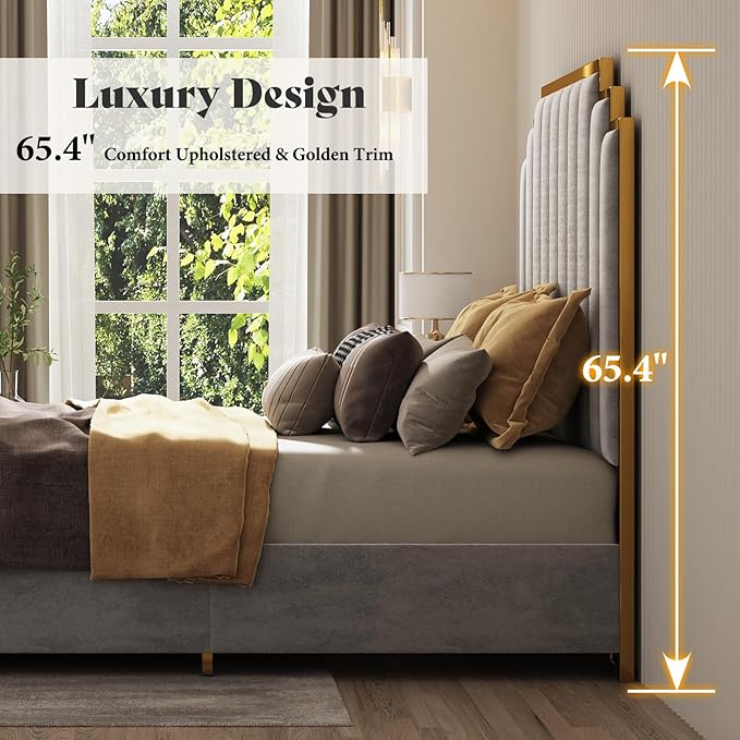 AMERLIFE King Size Upholstered Bed, Modern Velvet Bed Frame with 65.4” Tall Gold Trim Headboard, No Box Spring Needed, Grey