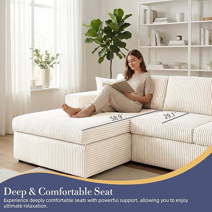 Shintenchi 105" Modular Sectional Sofa, Boneless L Shaped Couch with Deep Seat, Cloud Foam Couch with Oversized Chaise, Plush Corduroy Sofa No Assembly Needed for Living Room, Beige