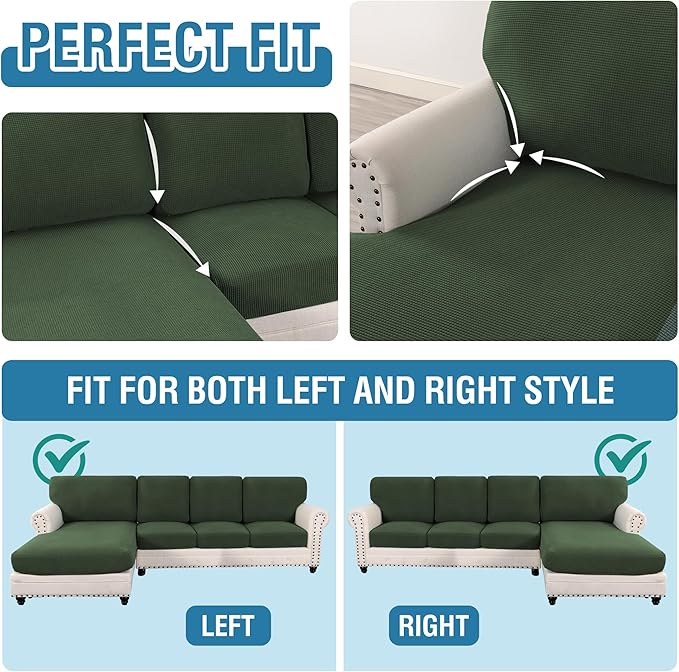 H.VERSAILTEX Sectional Couch Covers 8 Pieces Stretch Sofa Cover for Sectional Sofa Set Separate L Shaped Couch Cover for Both Left/Right Couch (Seat and Back: 1 Chaise + 3 Sofa, Bronze Green)