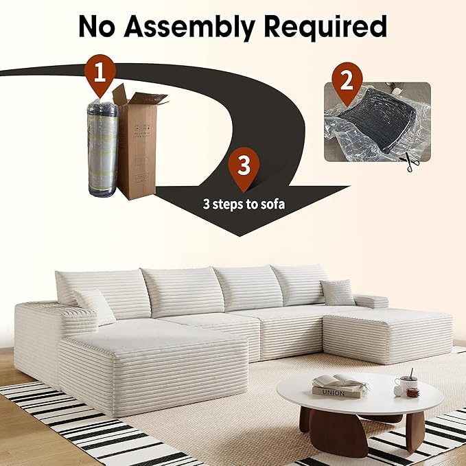136" Sectional Couches for Living Room Cloud Couch Sofa with L-Shape Upholstered Boneless Couchs Modern Modular Sectional Couch with Chaise (White, 136" Left Facing Chaise+3Seaters+Ottoman)