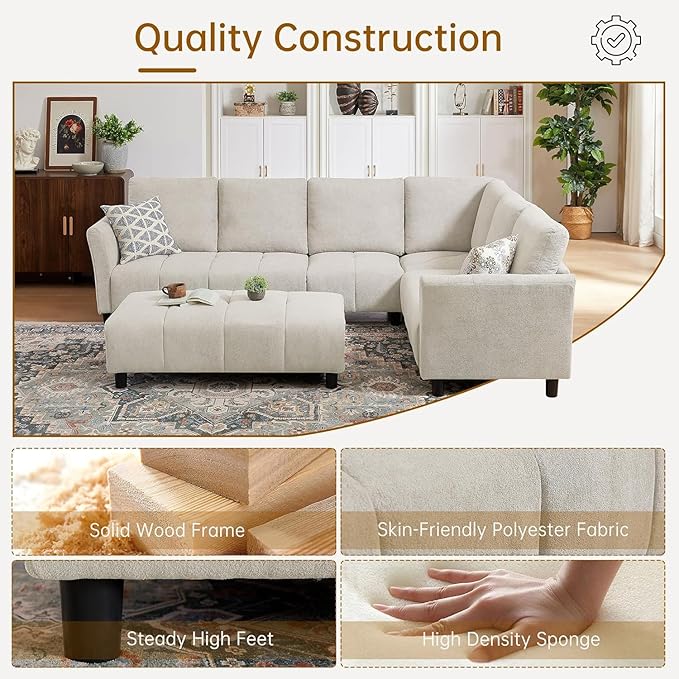 103" Convertible Sectional Sofa with Long Ottoman, Modern Upholstered Fabric L-Shaped Couch with Back Cushions, 6 Seat Sofa Couches for Living Room, Apartment, Office, Beige