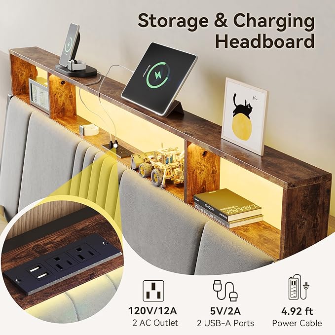 BedsPick Twin Bed Frame with Headboard, Metal Platform Bed Twin Size with 2-Tier Storage and Ergonomic Velvet Headboard, Charging Station, Smart LED Lights, Easy Assembly, No Box Spring Needed