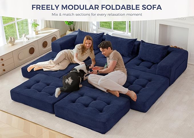 MAXYOYO Modular Sectional Sofa Couch, Foldable L-Shaped Folding Sofa Bed with Ottoman, Convertible Sectional Couch Corded Tufted Floor Sofa Lounger with Pillows for Living Room, No Assembly, Navy