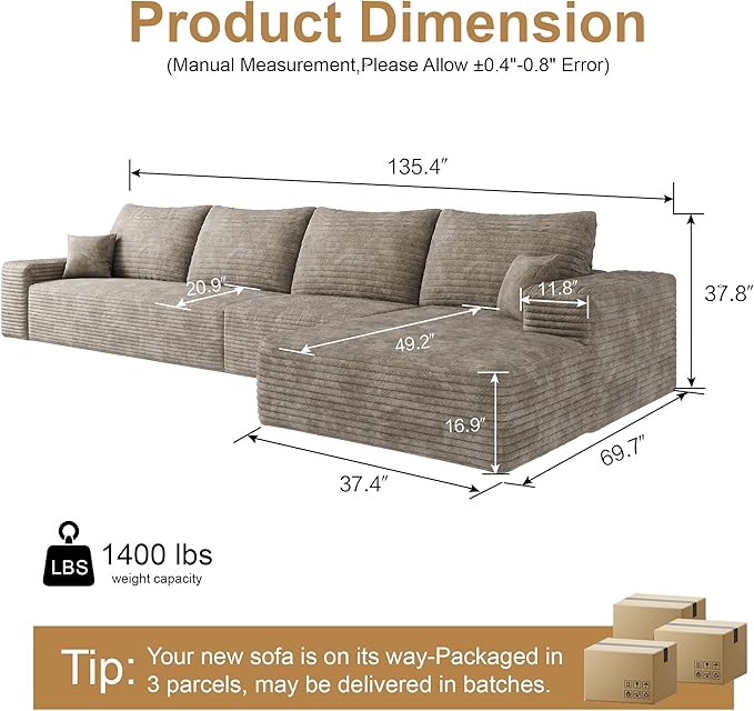 136" Sectional Couches for Living Room Cloud Couch Sofa with L-Shape Upholstered Boneless Couchs Modern Modular Sectional Couch with Chaise (Camel, 136" Right Facing Chaise+3Seaters)