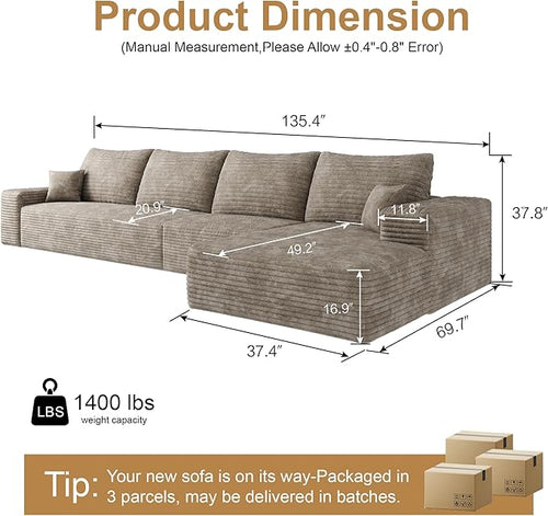 136" Sectional Couches for Living Room Cloud Couch Sofa with L-Shape Upholstered Boneless Couchs Modern Modular Sectional Couch with Chaise (Camel, 136" Right Facing Chaise+3Seaters)