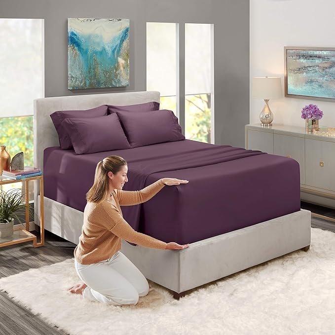 Hearth & Harbor Luxury Soft 6 Piece Bed Sheet Set Extra Deep Pocket Fitted Sheets Fits Mattress up to 21", Double Brushed Bedding, King, Eggplant