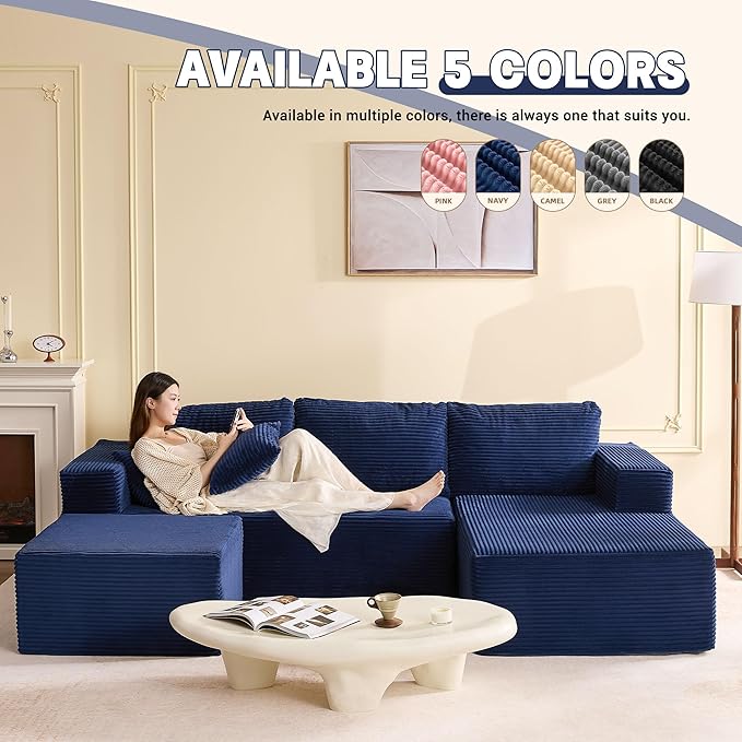 107" Boneless Couch with Deep Seat, Set of Modular Sectional Sofa, Cloud Sectional Couch for Living Room, No Assembly Required, Corduroy, U-Shape 3 Seater Right, Blue