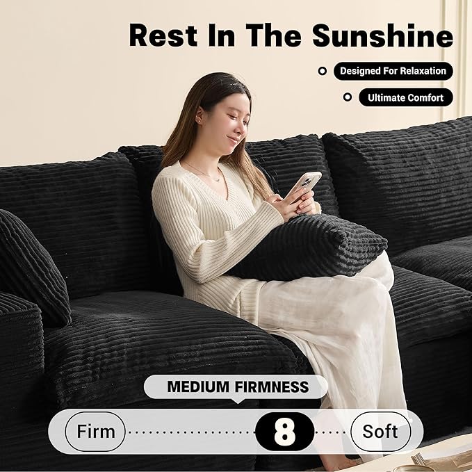 106.3” Sectional Couches for Living Room, Set of Cloud Couch, Modular Sectional Sofa, Convertible Sofas Bed, Deep Seat Sofa, Corduroy, Black