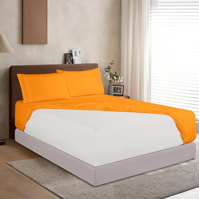 Elegant Comfort 1500 Premium Hotel Quality 18-24 Inches Deep - Extra Deep Pocket Single Fitted Sheet for High Mattress, Luxury and Softest, Smart Pocket - Wrinkle Free, Queen, Orange