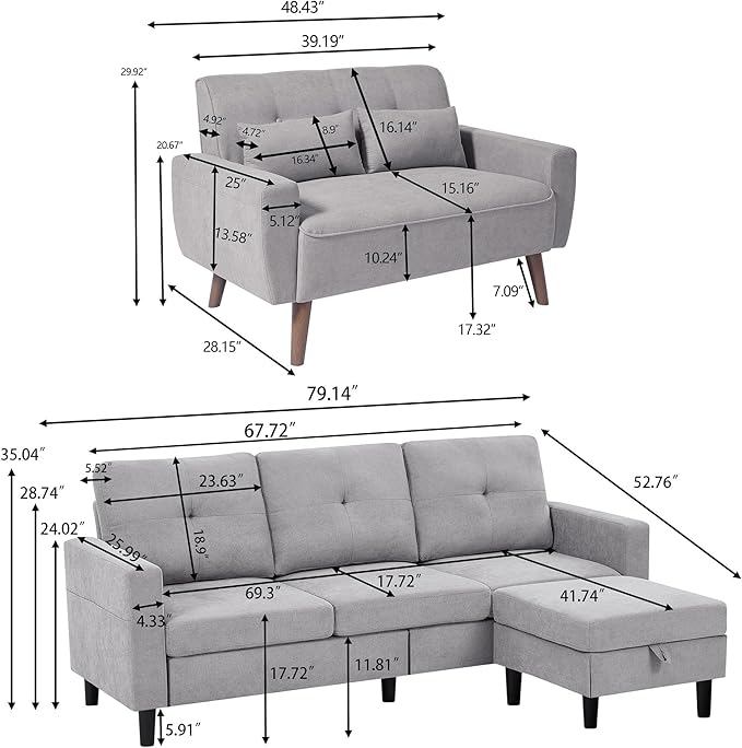 Convertible Sectional Sofa Set, Small L Shaped 3-Seat Couch with Reversible Chaise and Loveseat Sofa, Modern Polyester Sofas Couches for Living Room, Light Grey | L Shaped 3-Seat, Reversible Chaise, Loveseat Sofa, Modern Polyester, For Living Room