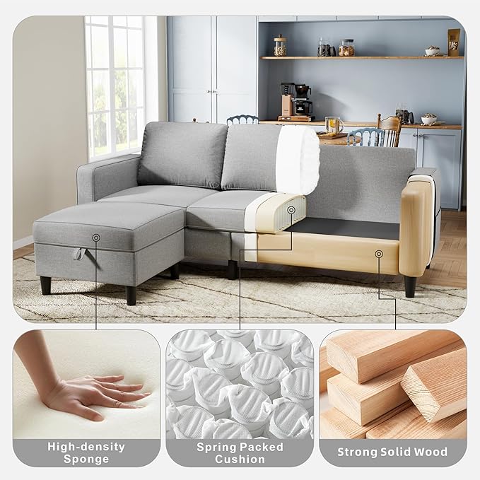 Sectional Sofa and Couches for Living Room, 78'' Light Grey 3 Seat L-Shaped Couch with Movable Ottoman, Comfy Linen Convertible Sectionals Sofas with Chaise for Apartment, Dorm, Small Space
