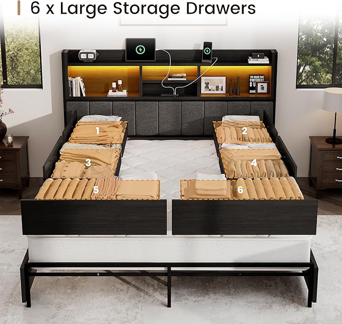 BRELTAM Queen Bed Frame with 6 Storage Drawers, Linen Upholstered Headboard, Built-in USB Charging Station & LED Lighting, Silent Metal Support, No Box Spring Needed, Vintage Black