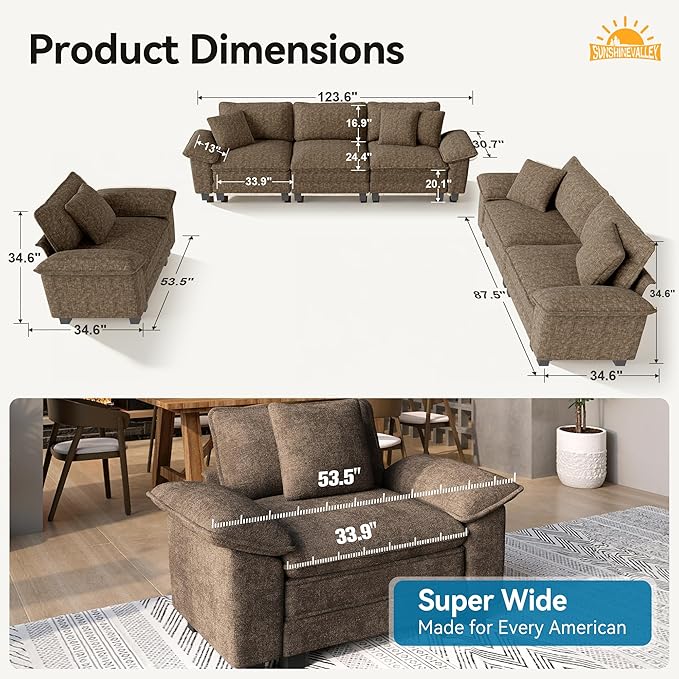 3 Piece Living Room Sofa Furniture Set, Chenille Modular Loveseat, Cloud Chair, and 3-Seat Couch with Pillow, Oversized 6-Seat Modern Sectional Deep Sofa for Apartment, Taupe