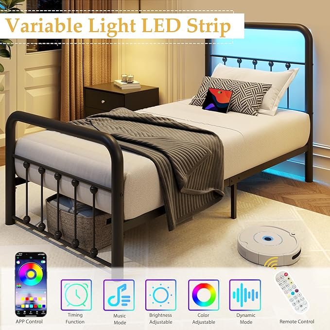 Fluest 14 Inch Twin Bed Frame Classic Metal Platform Bed Frame with Charging Station & LED, Victorian Style Iron-Art Headboard/Footboard, Under Bed Storage, No Box Spring Needed, Noise Free