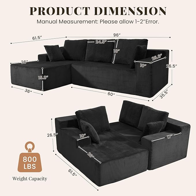 Cloud Sectional Boneless Couches for Living Room, Modular L Shaped Couch with Deep Seat Oversized Left Facing Chaise, Memory Foam Compressed Spineless 3 Seater Sofa for Apartment, Black | No Assembly Required, Deep Seat, Cat-Claw Resistant, High-Resili...