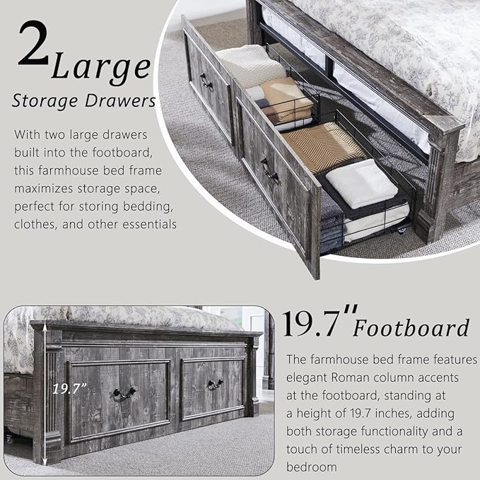 Aitjunz Farmhouse Queen Size Bed Frame with 51" Tall Headboard, Wood Platform Bed Frame with 20" Tall Roman Column Decoration Footboard & 2 Large Storage Drawers, No Box Spring Needed (Light Grey)