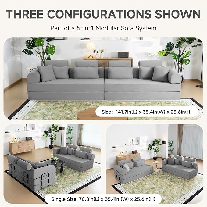 Boneless Sectional for Small Spaces, 106” L Shaped Couch From Two 70.87” Modules, Reconfigures to 141.7” Straight Sofa, Corduroy Compressed Couch in a Box With Headrest Back Pillows, Light Grey