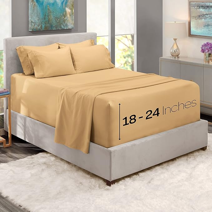 Hearth & Harbor Extra Deep Pocket Sheets - Fits Mattress 18-24 Inches Deep - Extra Deep Pocket Full Size Sets - 6 Piece Full Size - Full - Camel