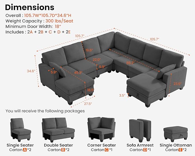 CHIC HOUSE Modular Corner Sectional Sofa with Storage Ottoman, Corduroy L-Shaped Couch, Compact Small Space Furniture for Living Room & Apartment, (Dark Grey, 9 Seater L-Shaped)
