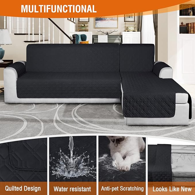 VANSOFY Sectional Couch Covers 100% Waterproof L Shaped Sofa Slipcover 3pcs Reversible Chaise Lounge Cover for Sectional Sofa Furniture Protector Cover for Pets Cat Dog(Large, Blcak)
