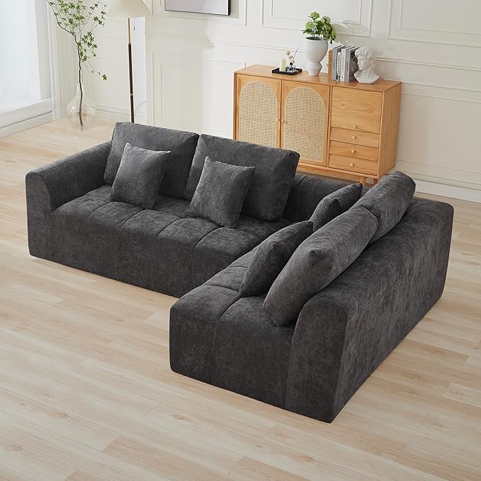 110''Modular Sectional Couches for Living Room, Cloud Boneless Compressed Sofa Right Facing Chaise, Oversized L Shaped 4 Seater Memory Foam Sofa, No Assembly, Chenille Grey