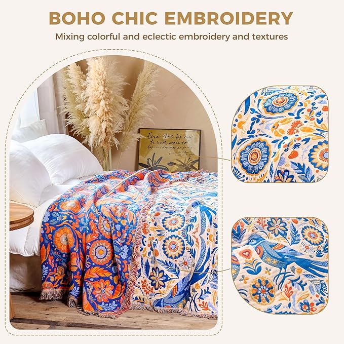 LUTBM Boho Throw Blanket for Couch Sofa Chair Cotton Spring Blankets for Bedroom Living Room All Season Soft Lightweight Reversible Floral Bird Embroidery Throws 50"x60"