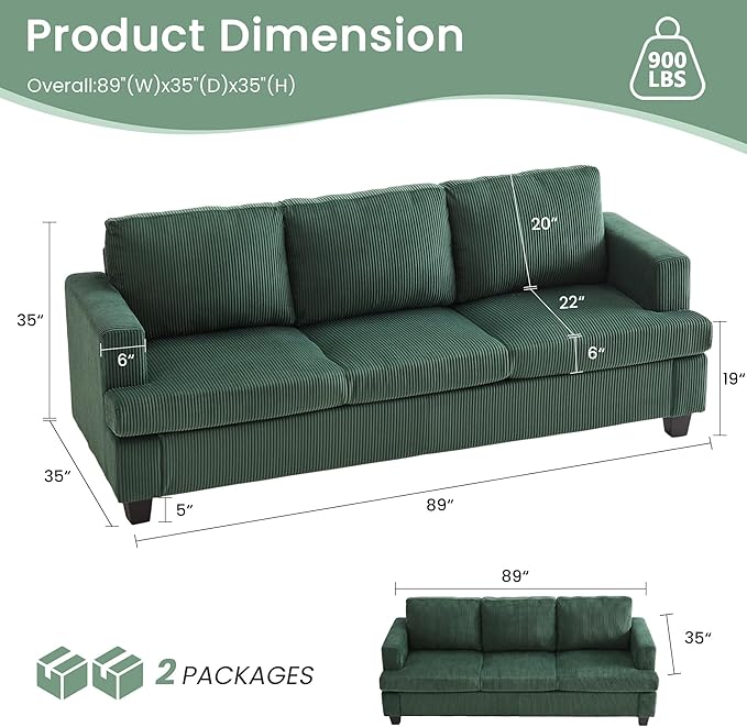 YOUDENOVA 2 Piece Set Comfy Sofa Couch, 3 Seater & Loveseat Sofa with Deep Seats, Modern Sleeper Couch for Living Room, Green Corduroy