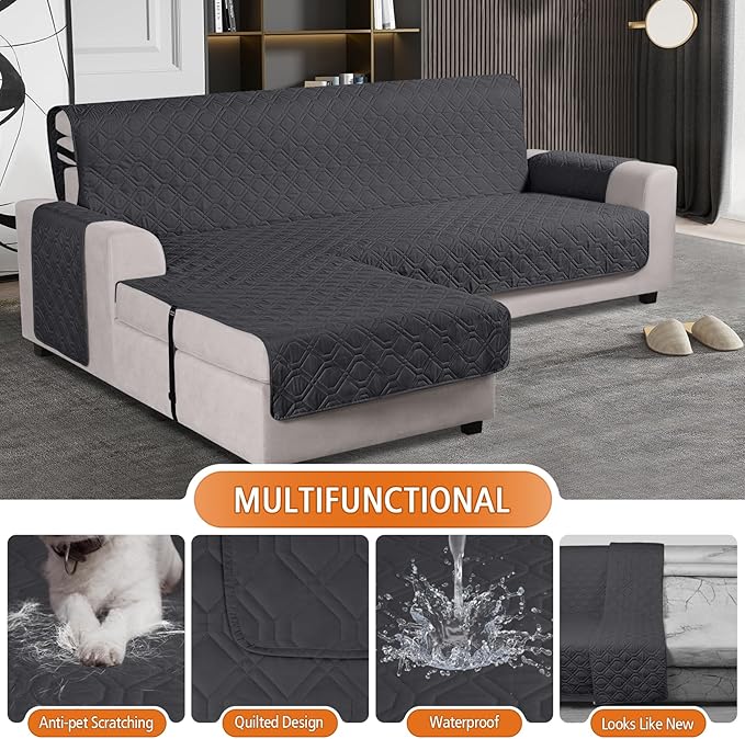 VANSOFY Upgraded Sectional Couch Covers 100% Waterproof L Shaped Sofa Slipcover Reversible Chaise Lounge Cover for Sectional Sofa Furniture Protector Cover for Pets Dog Cat(Small, Charcoal Gray)