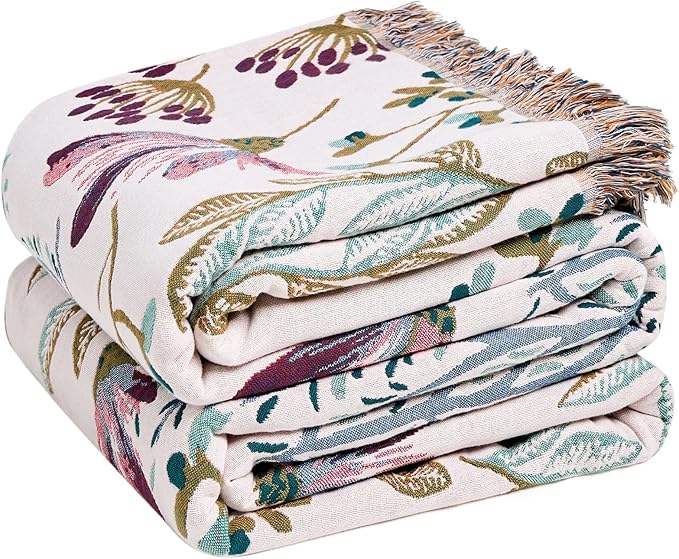 LUTBM Boho Throw Blanket for Bed Cotton Spring Blankets Bedroom Living Room Twin All Season Lightweight Floral Embroidery Quilt for Couch Sofa Chair 60"x80"