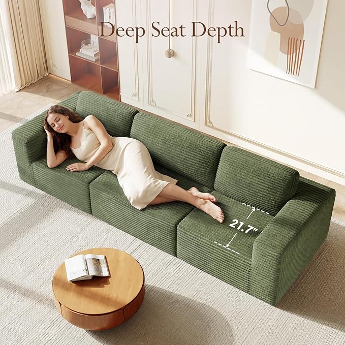 Vesgantti 119" Modular Sectional Sofa, Corduroy Cloud Couch with Deep Seating & Spring Support, 3 Seater Flexible Layout Sofa, Boneless Couch for Living Room & Apartment, No Assembly Required, Green