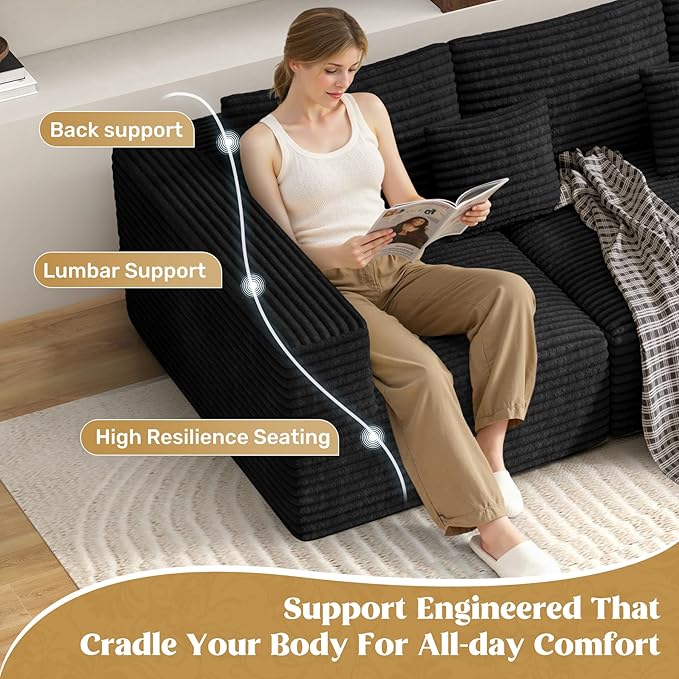 110" Modular Sectional Sofa Couches, Cloud Couches for Living Room, Boneless Sofa with Deep Seat,L-Shape Couch with Chaise,No Assembly Required,Black,1 PCS