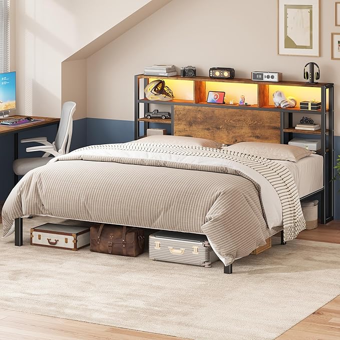 Homkdom King Size Bed Frame with Storage Headboard, LED Lights & Charging Station Heavy Duty Metal Platform Bed for Bedrooms, 1100 LBS Capacity, No Box Spring Needed, Easy Assembly，Vintage Brown