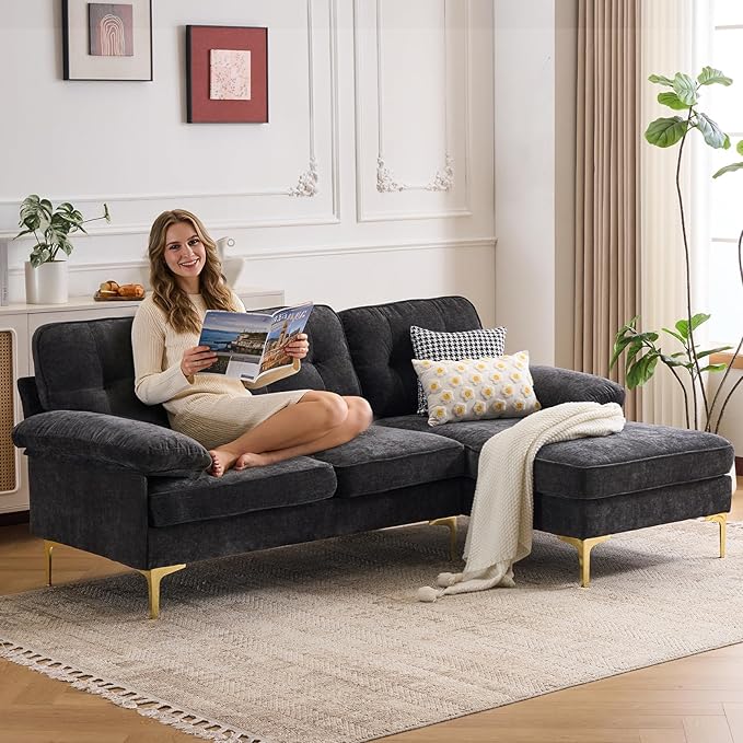 Sectional Couches for Living Room,85" L-Shaped Sofas,Modern Couch with Deep Seats & Chaise Longue,Removable Sofa Pillows Washable,Sofa for Apartments(Chenille,Black)