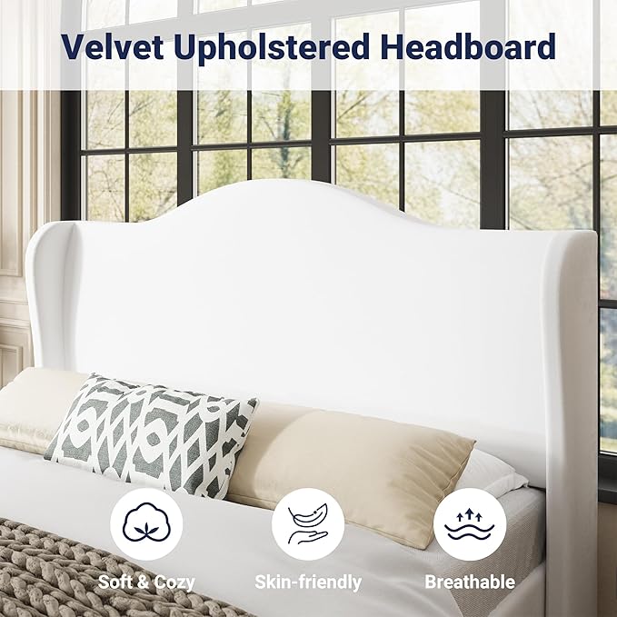 Allewie Full Size Bed Frame, Upholstered Wingback Platform with 47" Tall Tufted Headboard, Plush Velvet Fabric, Modern Minimalist Design, No Box Spring Required, Tool-Free Assembly, White