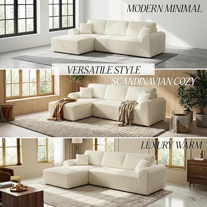 109“L-Shaped Sectional Sofa Boneless Couch Upholstery Cloud Modular Couch with Chaise No Assembly Required Corduroy Fabric Combination Deep Seat Living Room Bedroom (Cream, Left Hand Facing)