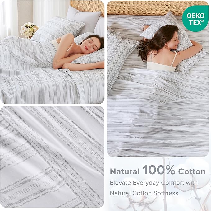 Comfort Spaces 100% Cotton Sheets Cal King, Breathable, Naturally Cool Cotton Sheets, Cotton Bed Sheets with 14" Elastic Pocket Fits up to 16" Mattress, All Seasons Sheet Set, Good Vibes Grey 4 Piece