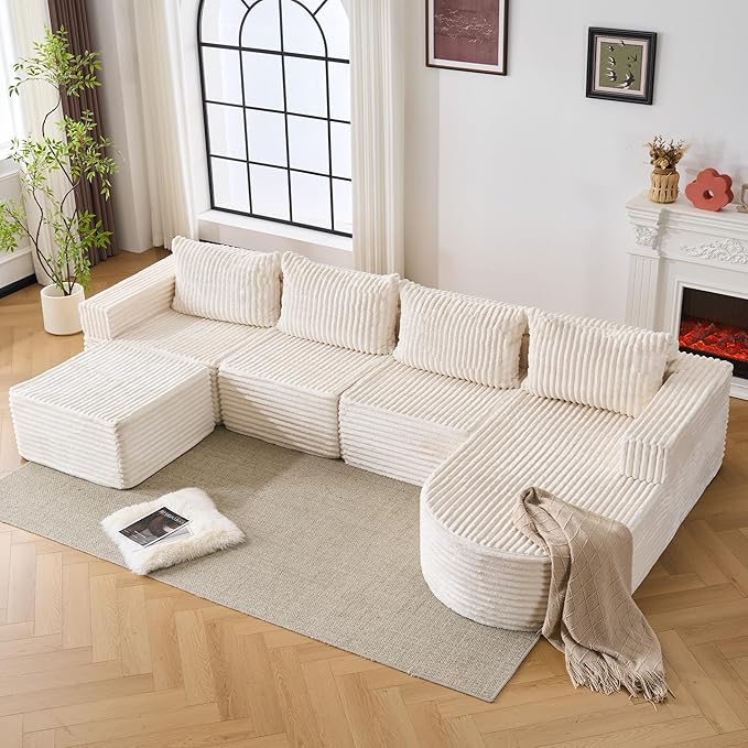 132” Boneless Couches for Living Room, L-Shaped Modular Sectional Sofa with Chaise & Ottoman, Modern Corduroy Cloud Couch with Deep Seat, Comfy Sponge Compression Convertible Sofas