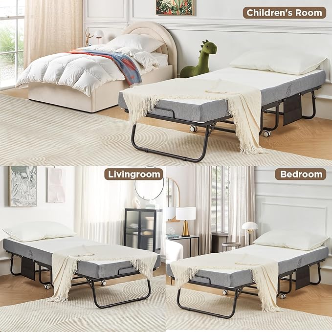 MELLCOM Folding Bed with Mattress,75" x 31" Foldable Rollaway Bed with Mattress for Adults, 5 Inch Memory Foam Mattress,Single Cot Size Portable Bed with Metal Frame&Bed Side Pocket