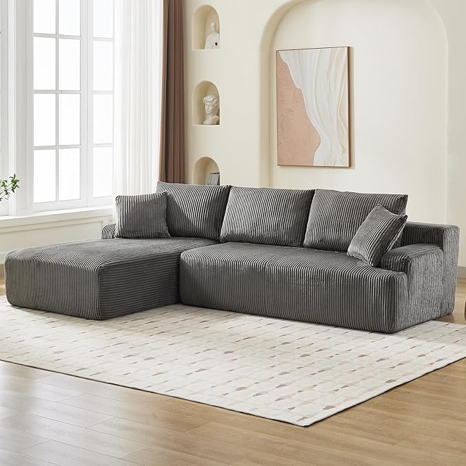 Sectional Cloud Boneless Couch 106" Modern Comfy L-Shape Corner No Assembly Required Convertible Compression Sleeper Modular Sofa with Corduroy Fabric Deep Seat Loveseat + Chaise for Living Room