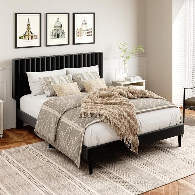 HAOARA Full Size Platform Bed Frame with Velvet Upholstered Headboard, Full Bed Frame with Strong Wood Slats, Mattress Foundation, Box Spring Optional, Easy Assembly, Black | Velvet Upholstered, Strong Wood Slats, Mattress Foundation, Box Spring Option...