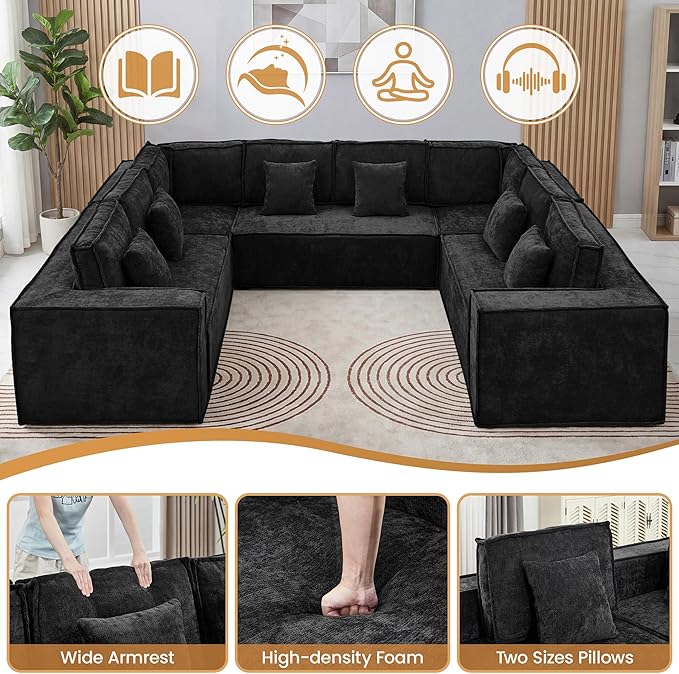 138'' Boneless Chenille U Shaped Couch, Oversized Modular Sectional 8 Seater Sofa, Modern Deep Seat Corner Cloud Compressed Couch, No Assembly Sleeper Sofa with Chaise for Living Room, Black