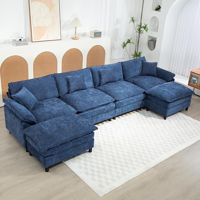 Oversized Modular Sectional Sofa, 146.5 Inch U Shaped Cloud Couch Set, 4-Seat Comfy Convertible Sofa with 2 Movable Ottoman, DIY Combination Sleeper Couch for Living Room(Chenille, Blue)