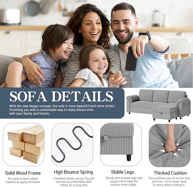 Meilocar Sectional Sofa Couch for Living Room, 79" Sectional Couches with Storage Ottoman, L Shaped Couch with Sloping Armrests, 3-Seat Sofa Couches for Small Space, Light Grey | Breathable Material
