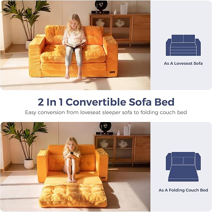 MAXYOYO Convertible Sofa Bed, Pull Out Loveseat Sleeper Sofa, 2 in 1 Folding Couch Bed, Fold Out Floor Couch with Pillows for Living Room Bedroom Lounge, Orange