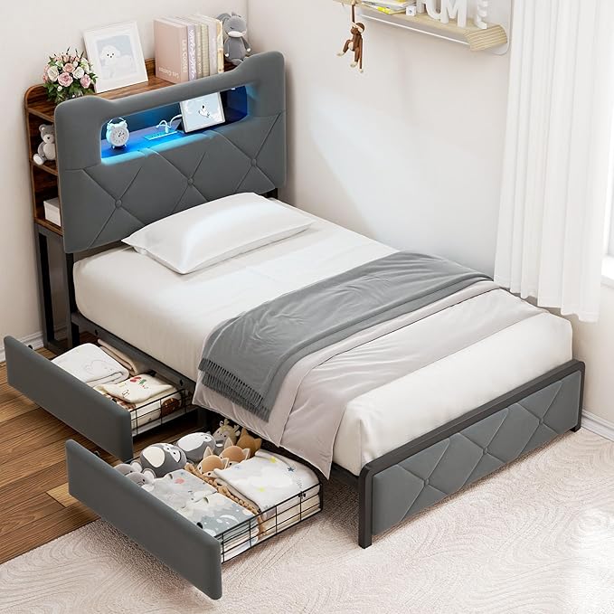 Jocoevol Twin Upholstered LED Bed Frame with 2 Storage Drawers and 2-Tier Storage Bookcase Headboard, Velvet Platform Bed for Kids/Girls/Boys, Heavy Duty Metal Support, No Box Spring Needed, Grey