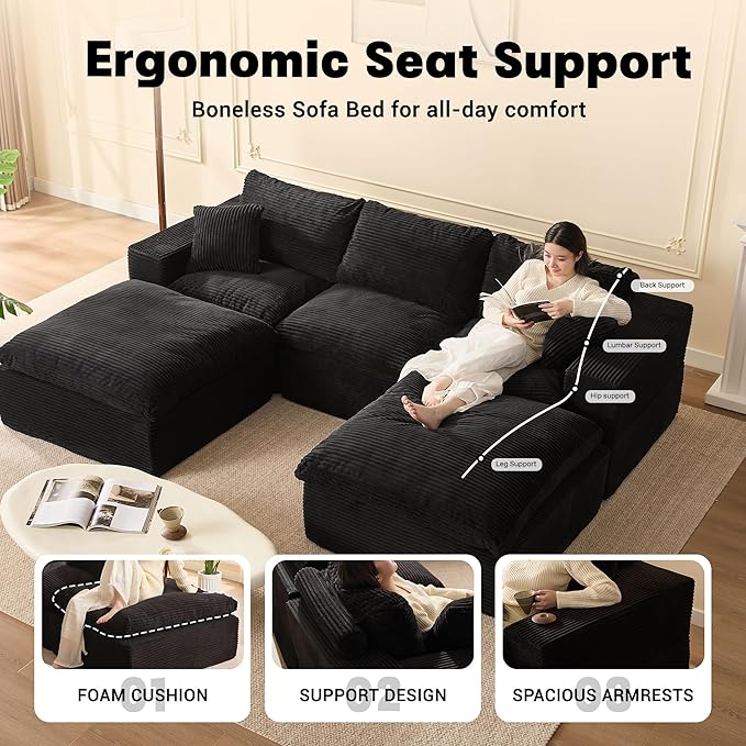 106.3” Sectional Couches for Living Room, Set of Cloud Couch, Modular Sectional Sofa, Convertible Sofas Bed, Deep Seat Sofa, U Shaped Cozy Sofa Furniture Set, Corduroy, Black