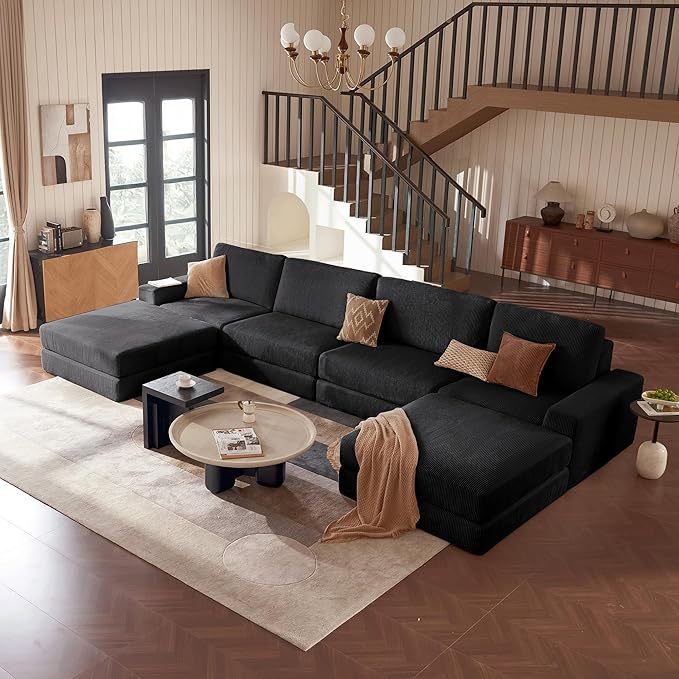 Modular Sectional Boneless Sofa, 160.63" Oversized Modern Cloud Couch Sectional Sofa with U-Shaped Chaise Comfy Corduroy Fluffy Couch with Deep Seat Couches for Living Room Bedroom, Black