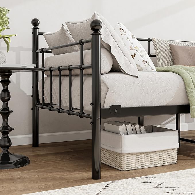 BOFENG Metal Daybed Frame Twin Size Platform Sofa Bed Day Bed with Strong Steel Slats Mattress Foundation Bedroom Furniture,Noise Free,Black